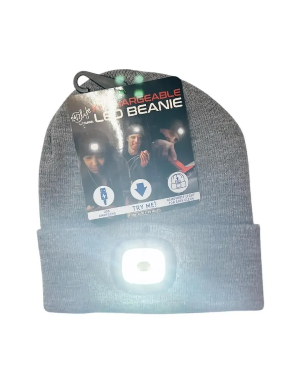 (RB) 24/7 Life 7Eleven Rechargeable LED Beanie Hat USB Light 3 Modes Gray Winter